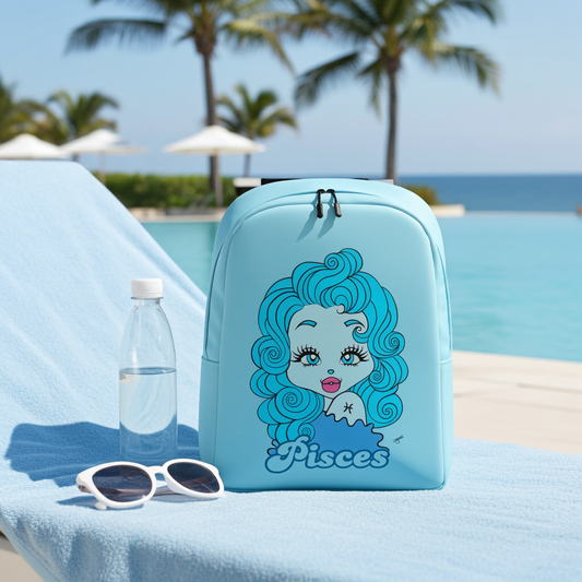 Light blue backpack with a Pisces character design and 'Pisces' text on a beach chair by a pool.