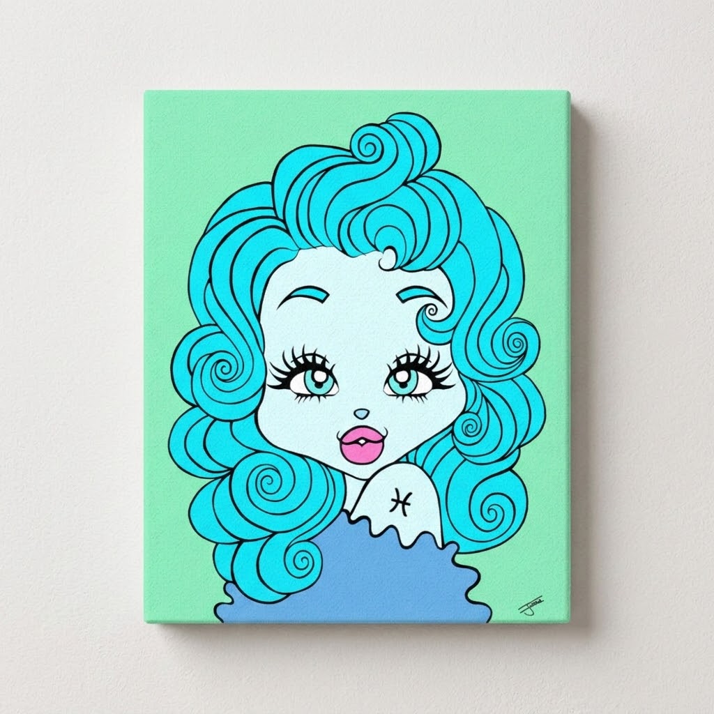 A square canvas wall art print featuring a stylized cartoon illustration of a woman with voluminous turquoise hair, a pale face, pink lips, and a blue top on a mint green background, shown hanging against a light wall.