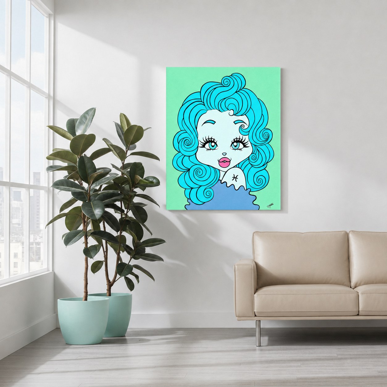 A vertical canvas art print featuring a stylized cartoon illustration of a woman with bright turquoise hair and a mint green background, displayed on a white wall in a modern living room setting next to a potted plant and a beige sofa.