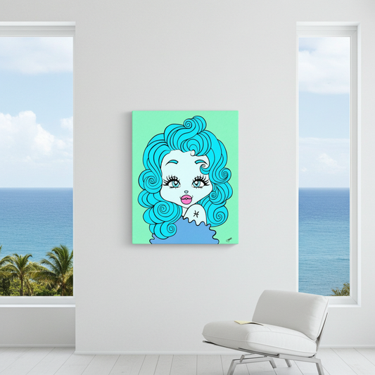 Canvas print of a Pisces character in a room with large windows showing a view of the ocean.