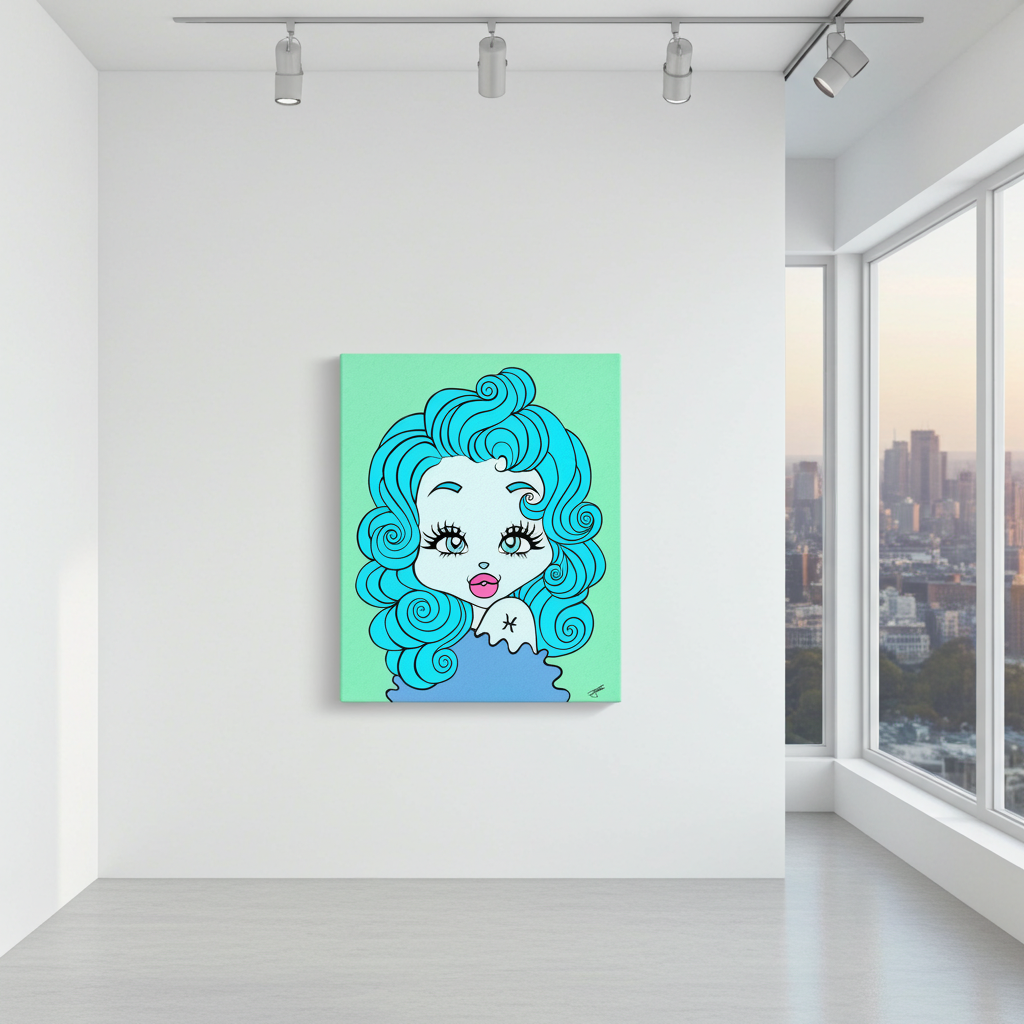 Modern interior with a colorful Pisces painting of a woman's face on a white wall.
