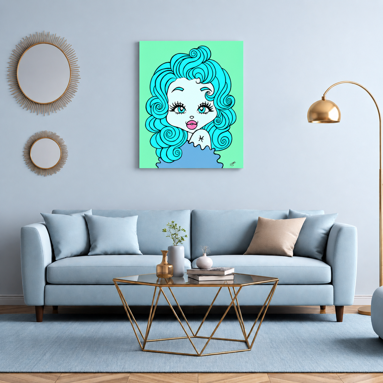 Living room with a blue sofa, gold coffee table, and a colorful painting of a Pisces character on the wall.