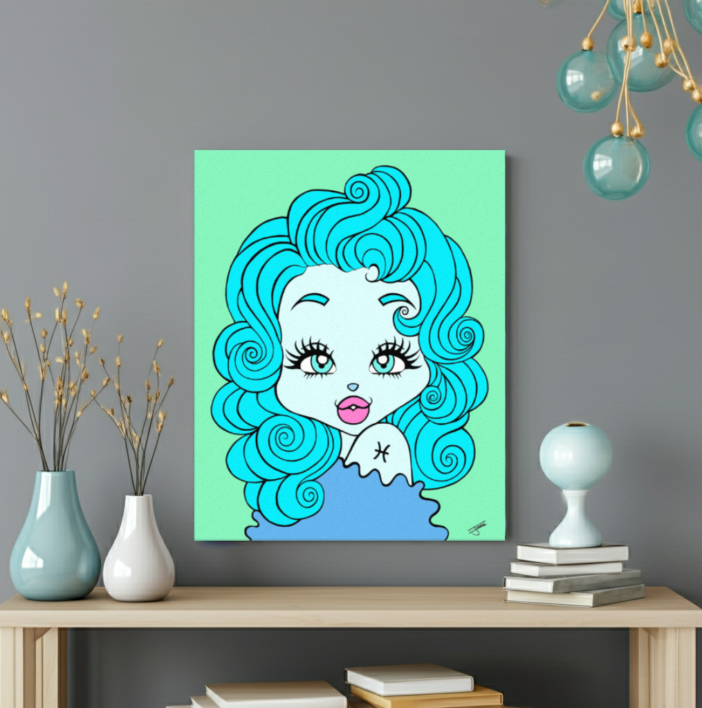 Canvas print of a Pisces character on a wall above a wooden shelf.