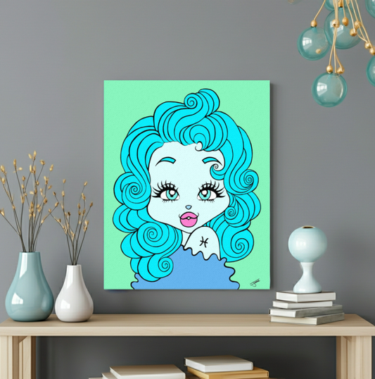 Canvas print of a Pisces character on a wall above a wooden shelf.