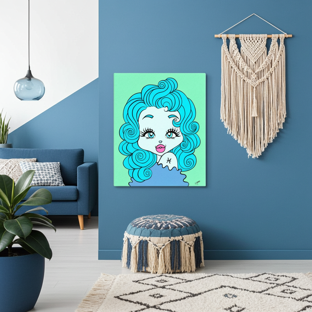 A colorful pop-art style wall art print featuring a stylized woman with bright turquoise hair and a blue dress on a mint background, displayed on a blue wall in a styled living room with a macrame wall hanging, pouf, rug, and plant.