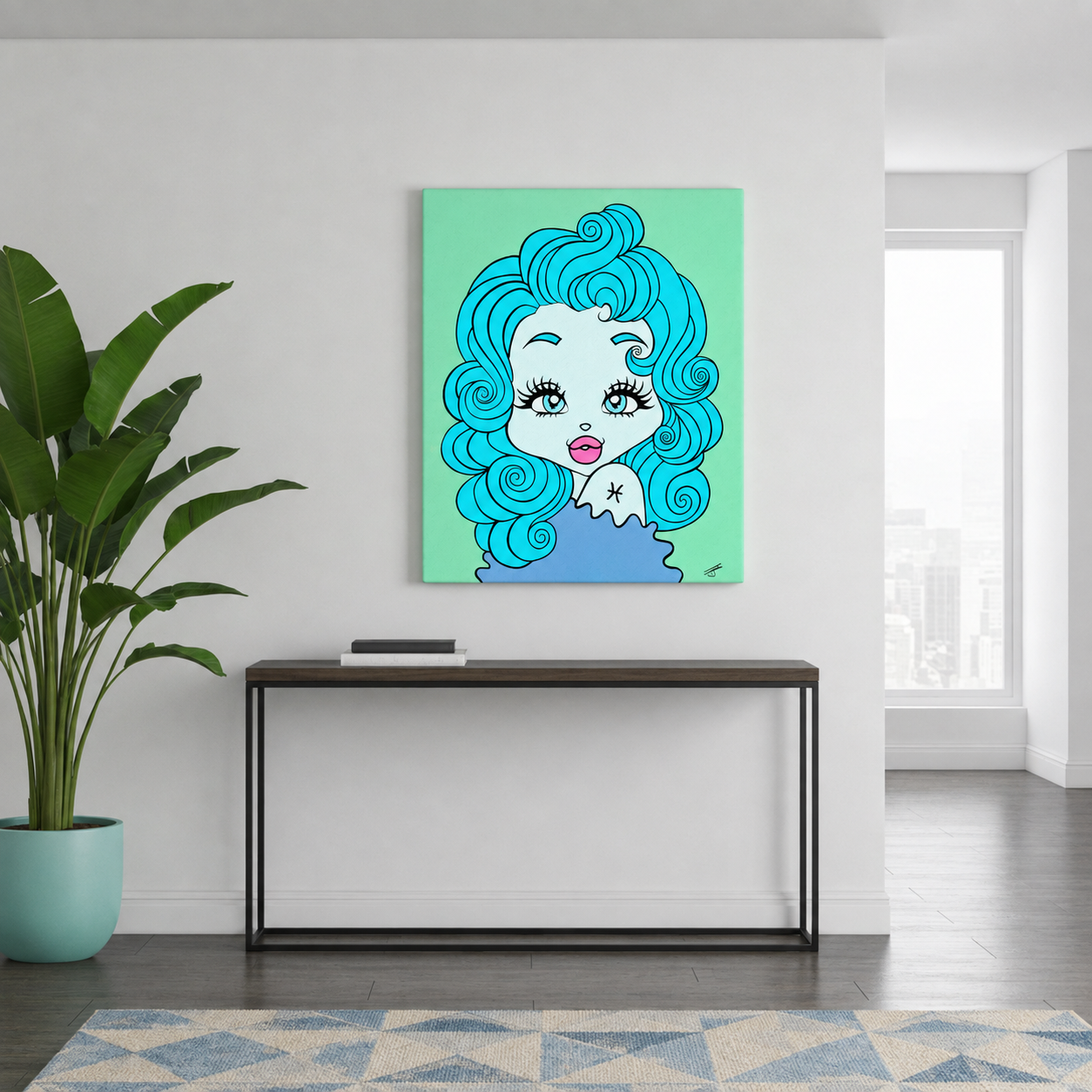 A colorful canvas wall art print featuring a stylized cartoon woman with bright turquoise hair, displayed on a white wall above a console table in a modern room with a potted plant.