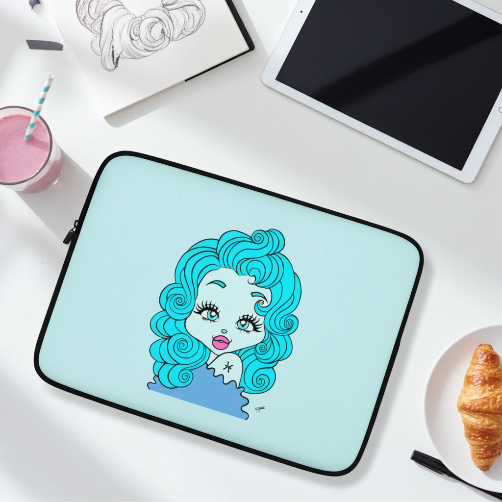 A laptop sleeve with a Pisces character design, shown in a styled flat-lay on a white desk next to a tablet, a croissant, and a drink.