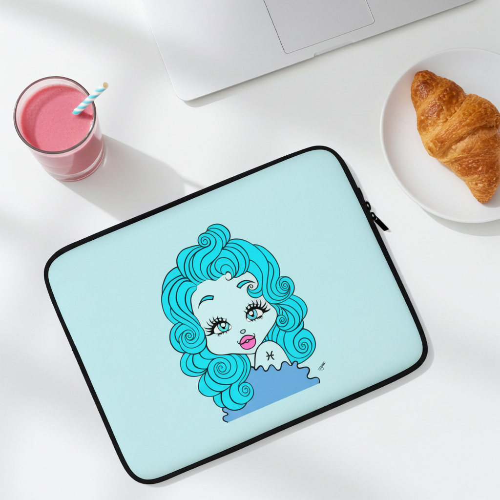 A light blue laptop sleeve with a Pisces character design, shown on a white desk next to a pink drink, a laptop, and a croissant.