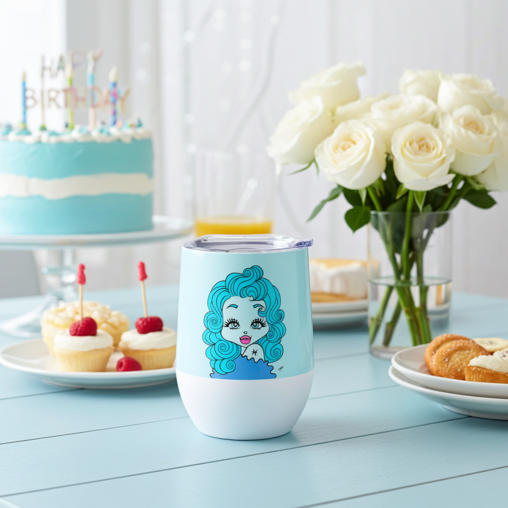 Tumbler with a Pisces character on a table with birthday cake, cupcakes, and flowers.