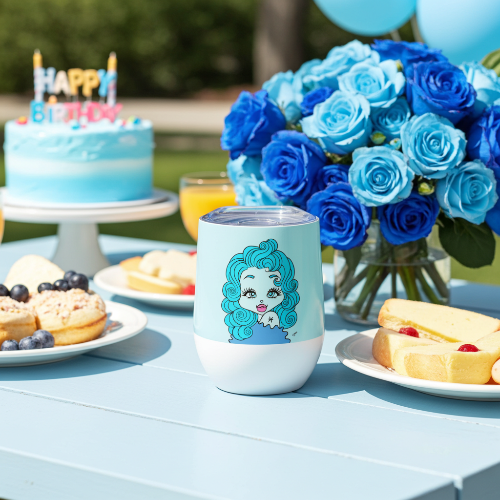 Birthday celebration with a cake, flowers, and a mini tumbler with a  Pisces character design on a table outdoors.