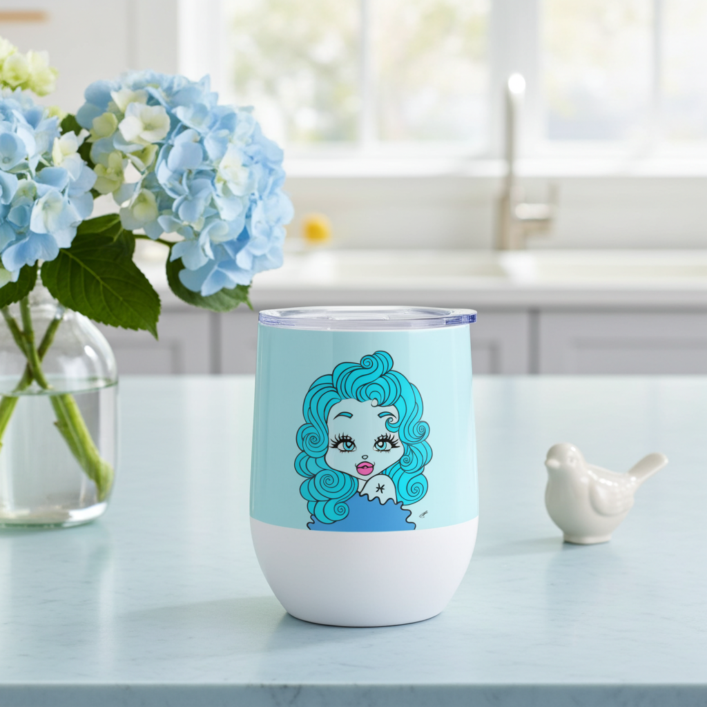 Tumbler with a Pisces character design on a table with flowers and a bird figurine.