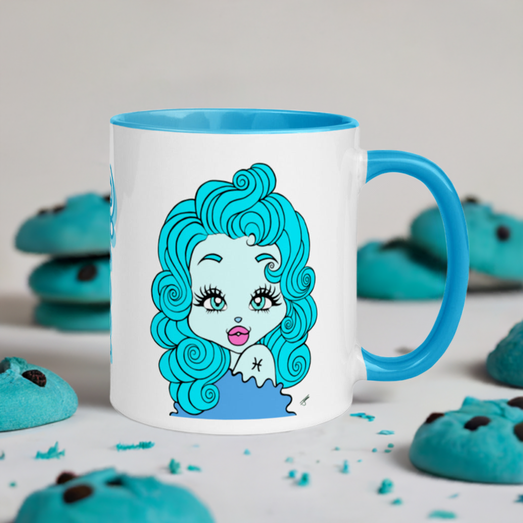 A ceramic mug with a Pisces character, in blue and white colors, with a white print area and a blue rim.