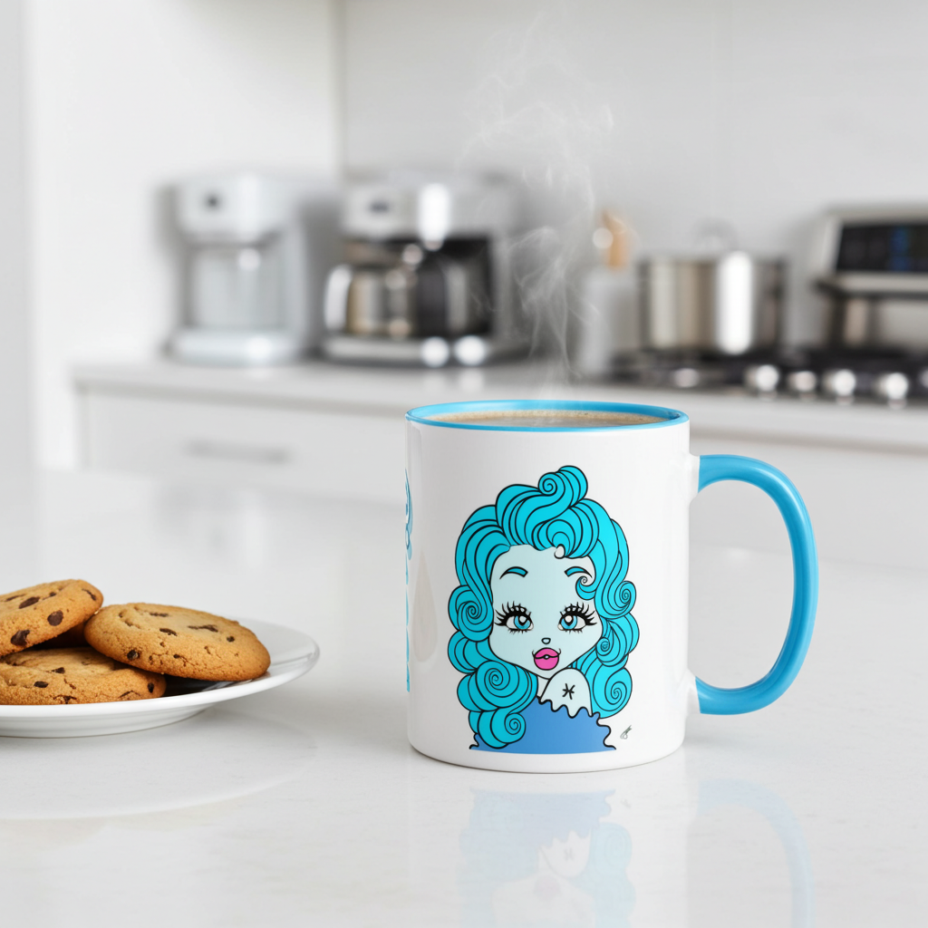 Mug with a blue Pisces character design on a kitchen counter with cookies