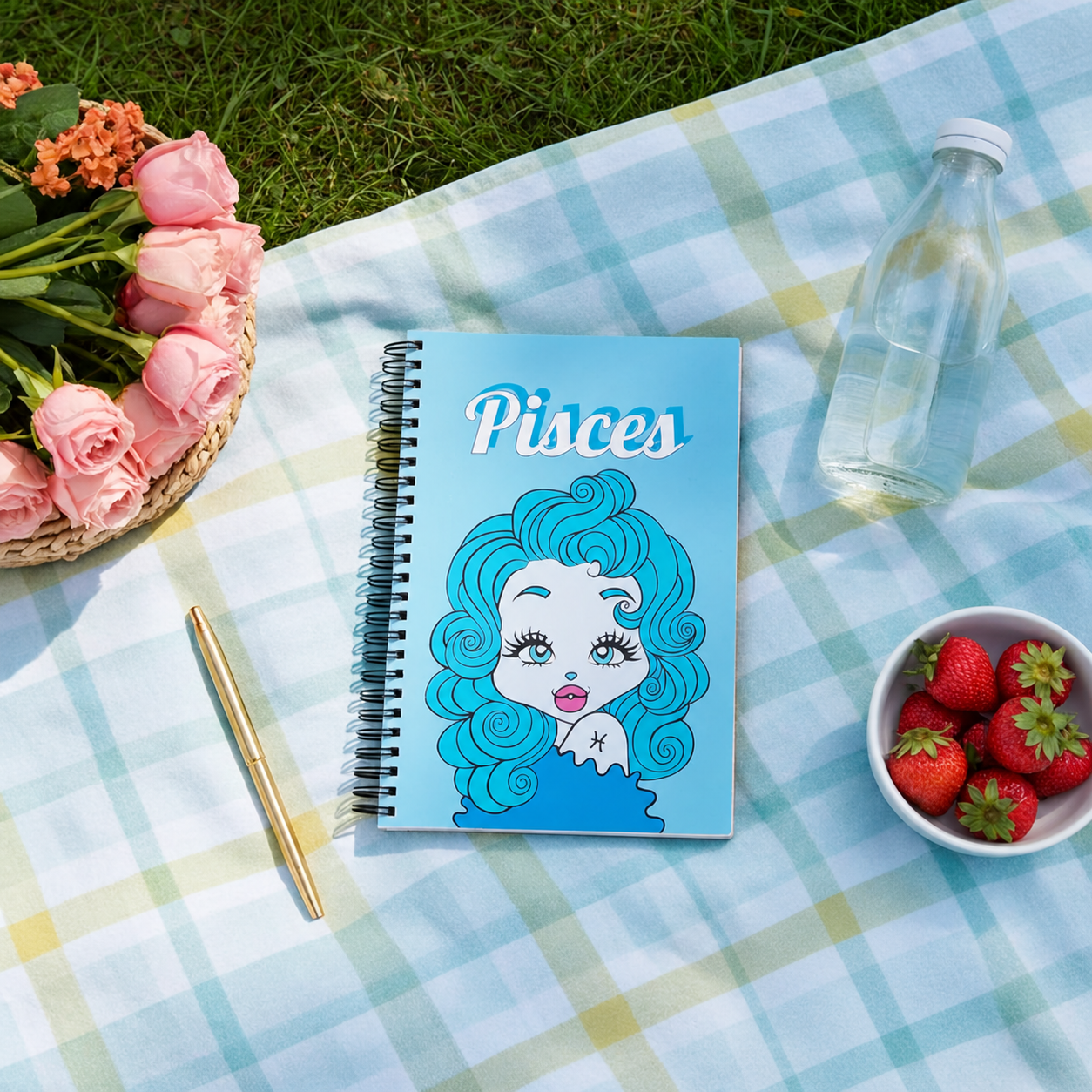 Notebook with Pisces design on a checkered blanket with flowers and strawberries