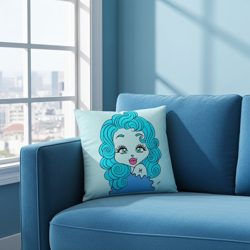 Blue pillow with a cartoon character on a blue couch by a window