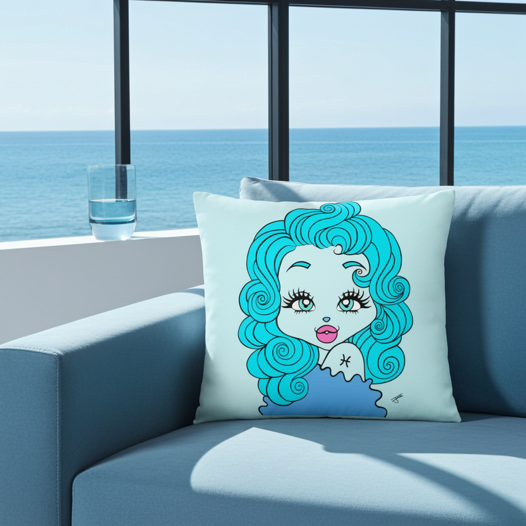 Decorative pillow with a stylized face design on a blue sofa by a window with a view of the ocean.