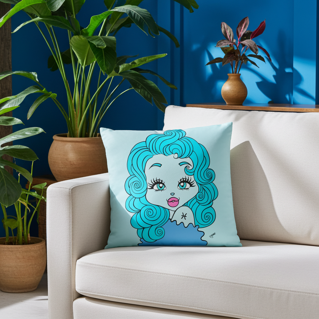 Decorative pillow with a Pisces character on a white couch against a blue wall with plants.