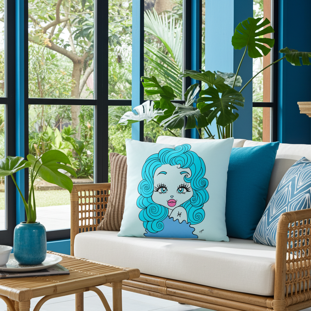 Decorative pillow with a Pisces character on a couch in a bright room with plants.