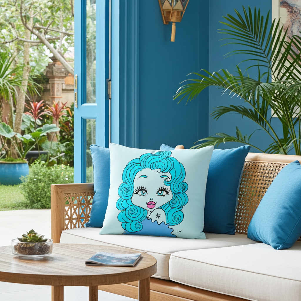 Decorative pillow with a Pisces character on a outdoor sofa with blue cushions.