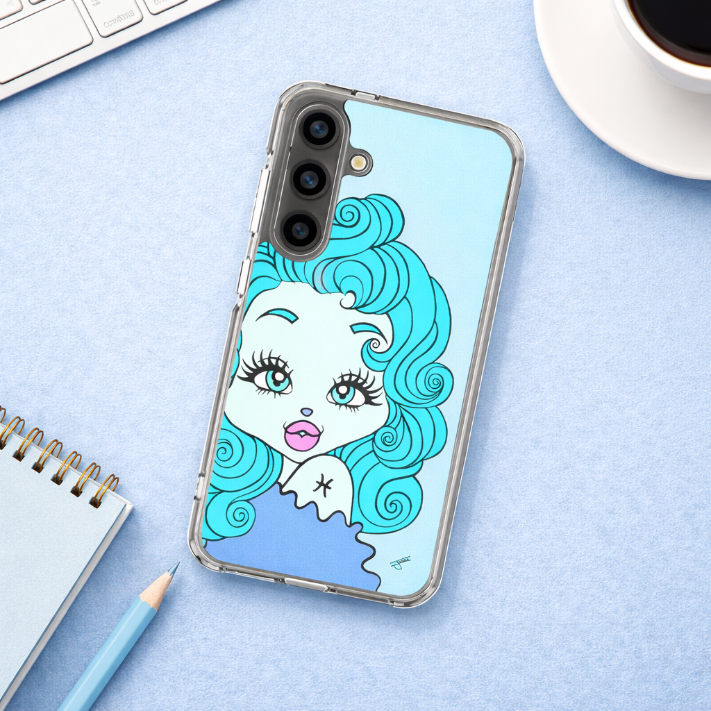 Phone case with a Pisces character design on a light blue surface with office items.
