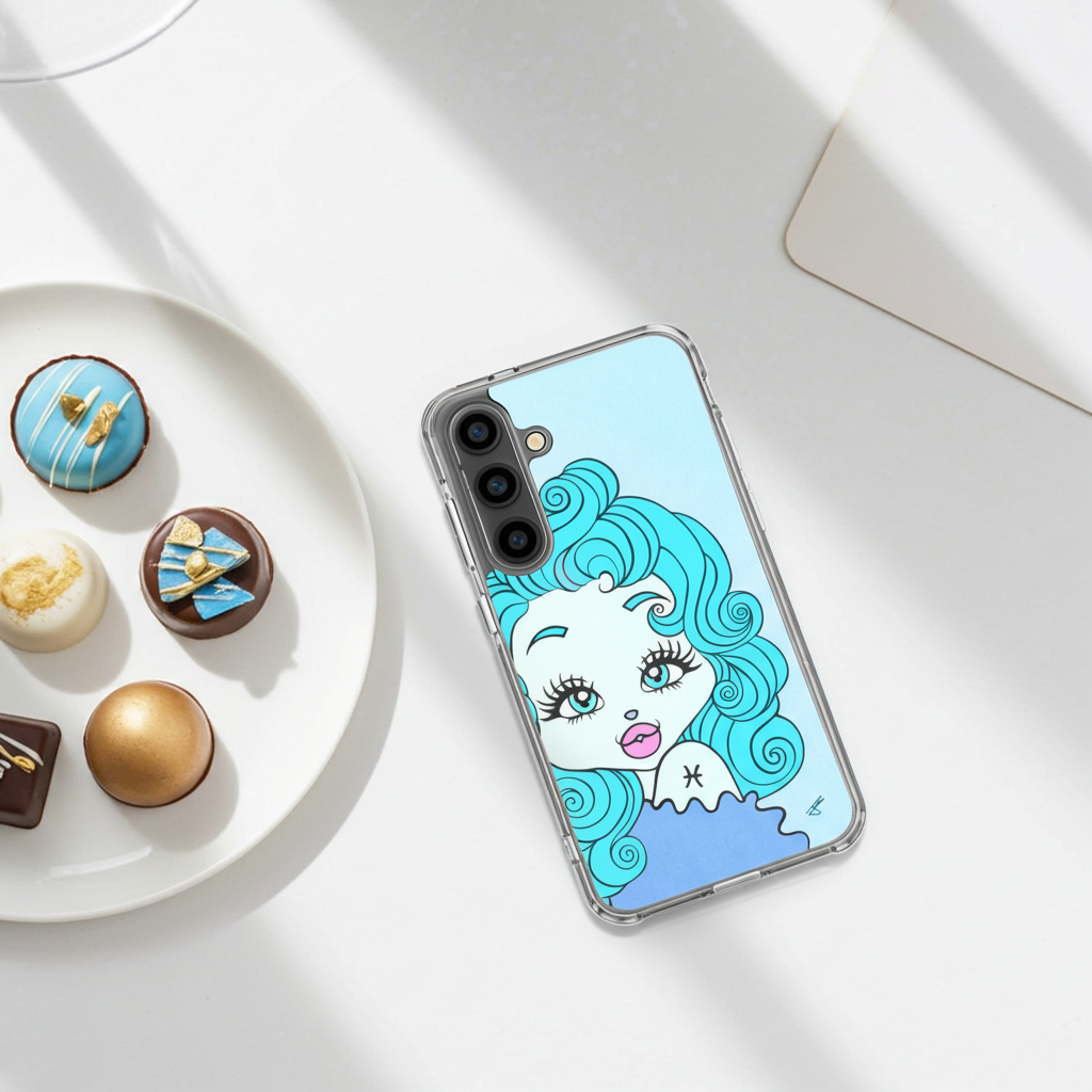 Phone case with a Pisces design on a white surface with pastries