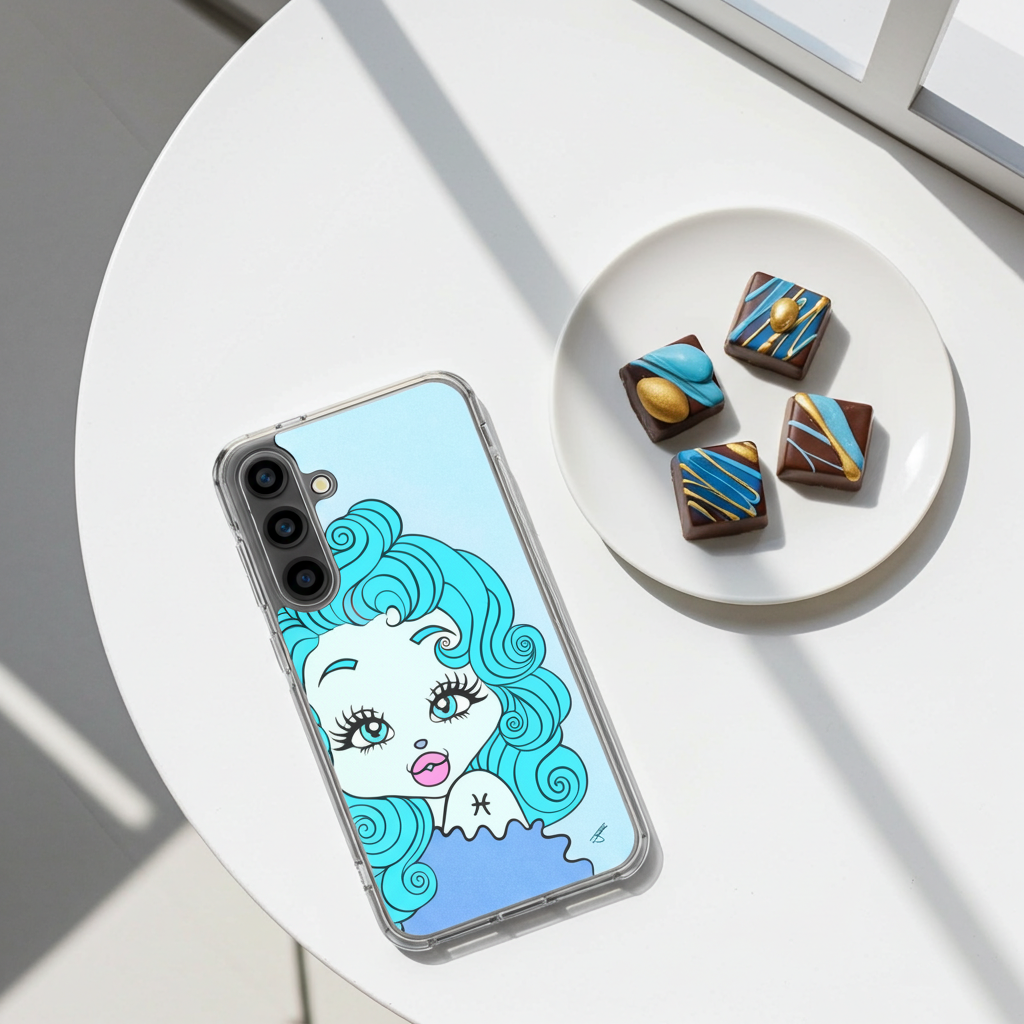 Phone case with a Pisces character design on a white surface with pastries.