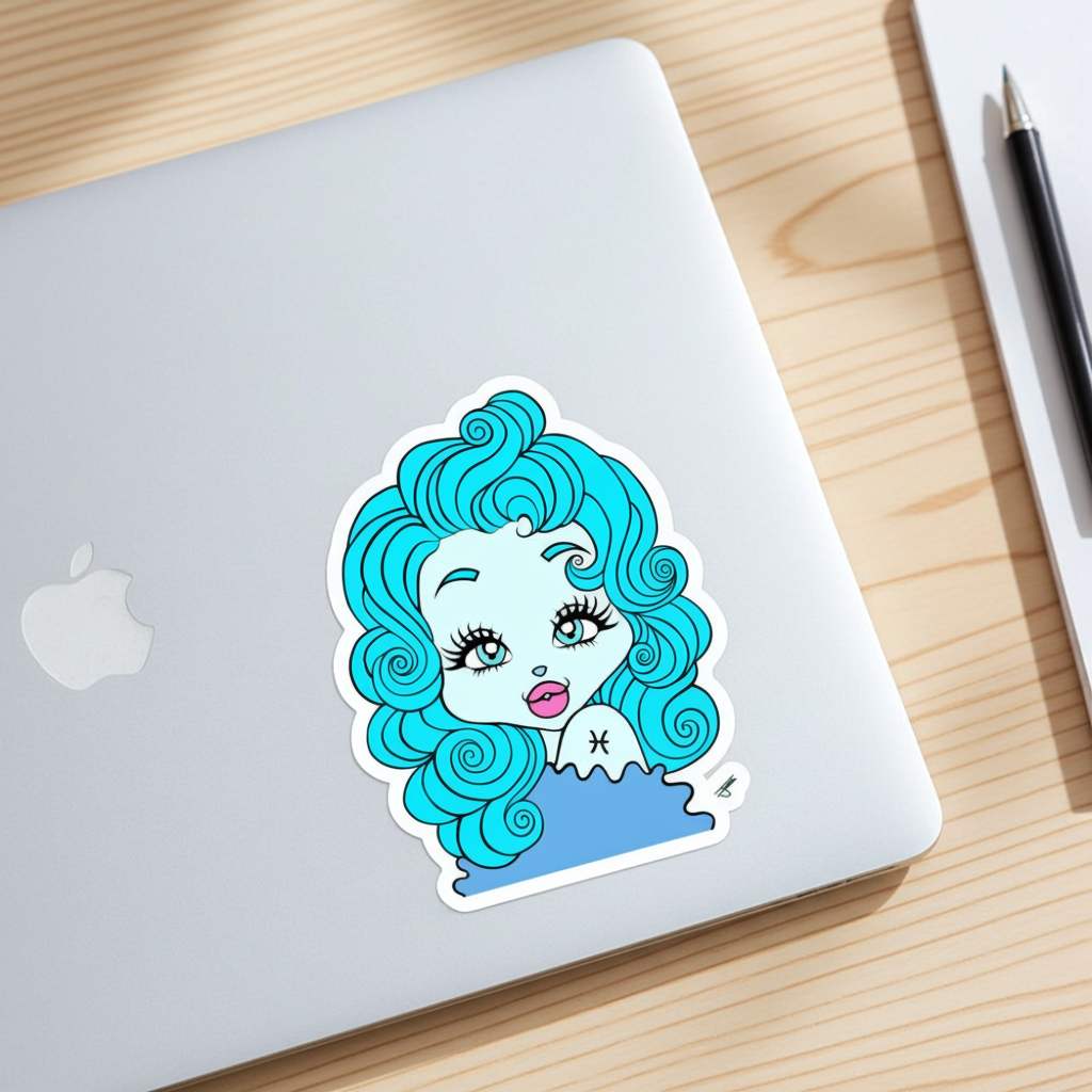 Laptop with a sticker of a Pisces character with blue hair on a wooden surface