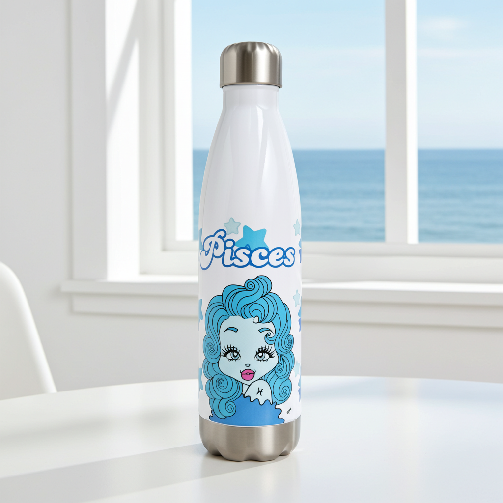 White water bottle with Pisces zodiac design on a table by a window with a view of the ocean.
