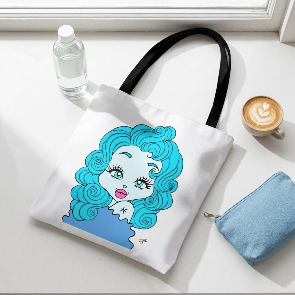 A white canvas tote bag with black handles, featuring a cartoon illustration of a woman with bright blue curly hair, placed on a white surface next to a water bottle, a cup of latte, and a light blue pouch.