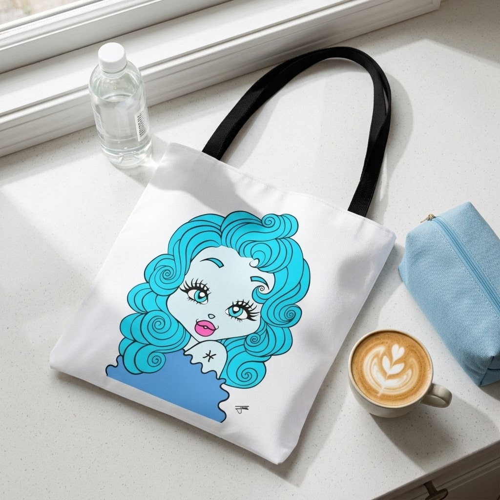 A white canvas tote bag with black handles, featuring a cartoon illustration of a woman with bright blue curly hair, styled on a white countertop next to a water bottle, a cup of latte, and a light blue pouch.