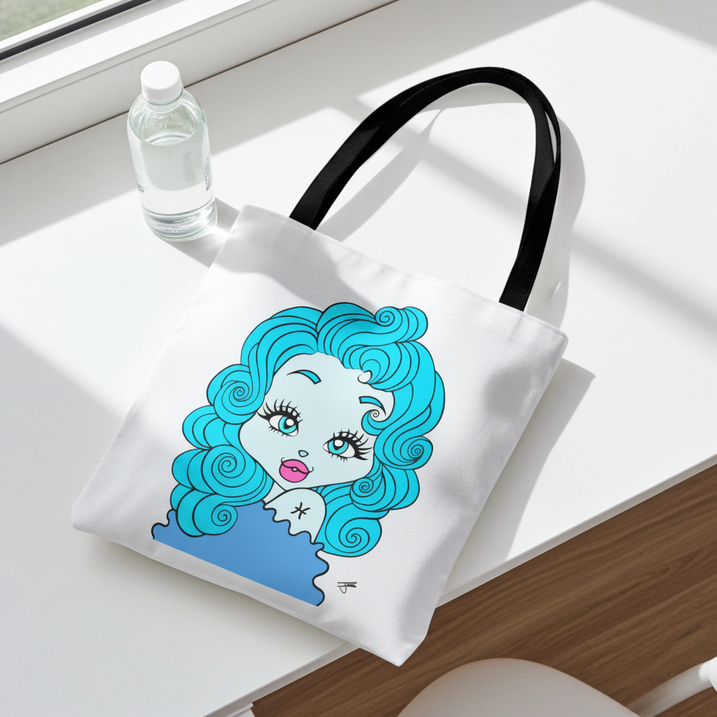 White tote bag with a Pisces character on a white surface next to a water bottle.