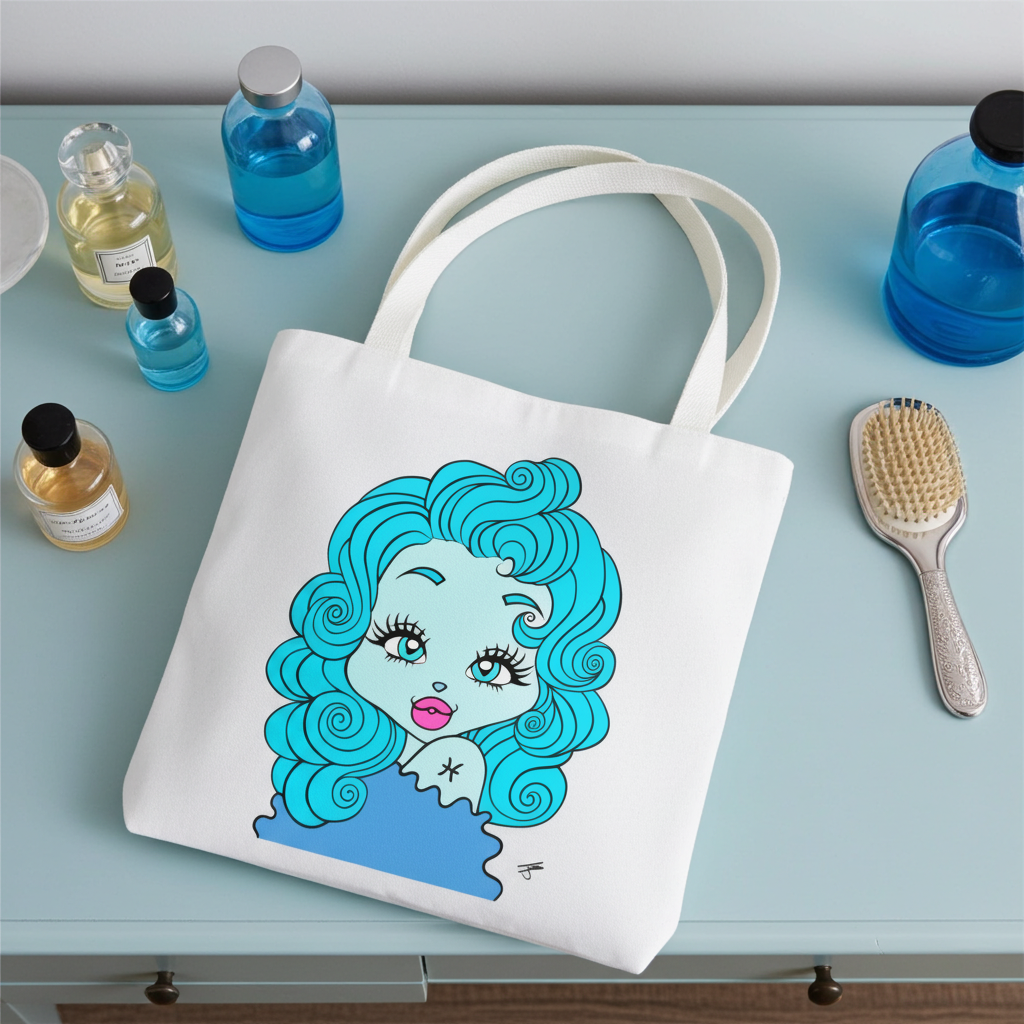 White tote bag with a Pisces character on a light blue surface with beauty products.
