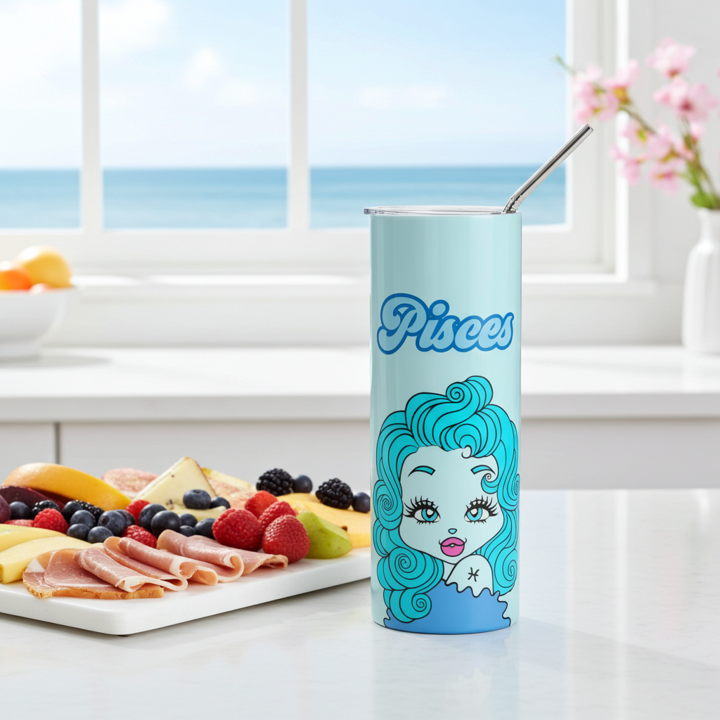 Tumbler with a Pisces character on a kitchen counter with a fruit platter