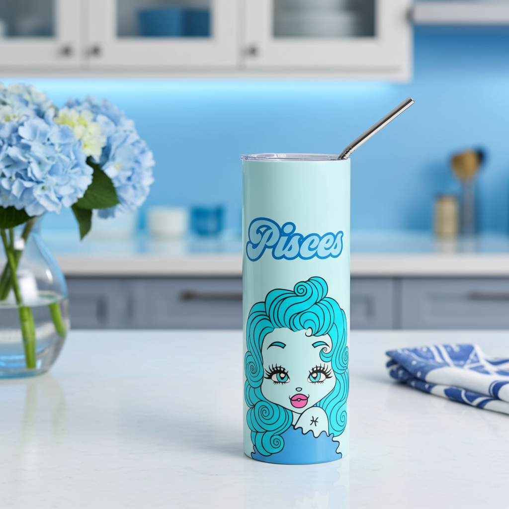 Tumbler with 'Pisces' character design on a kitchen counter with flowers and kitchenware in the background