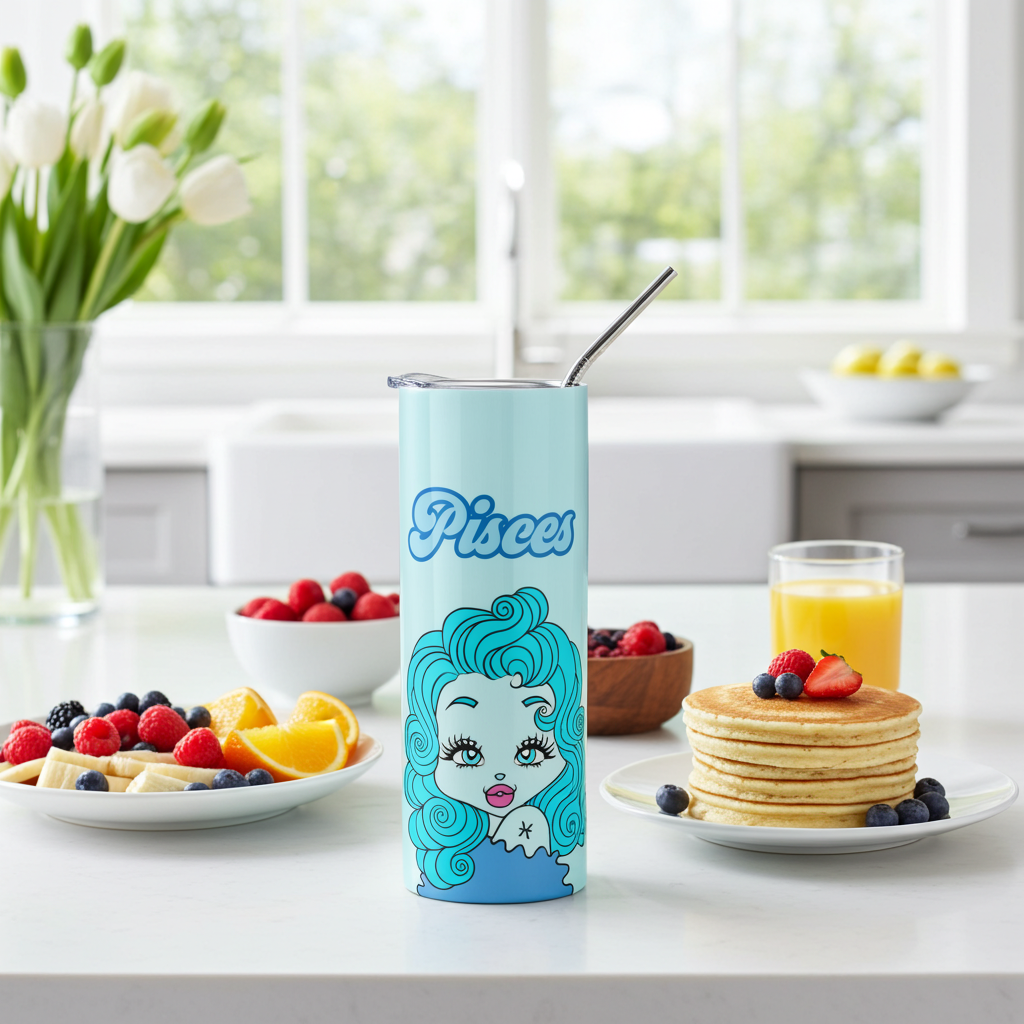 Tumbler with a Pisces chracter design and 'Pisces' text on a kitchen counter with breakfast items.