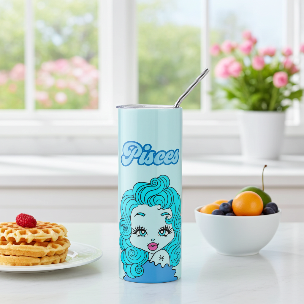 Tumbler with 'Pisces' character design on a table with waffles and fruit