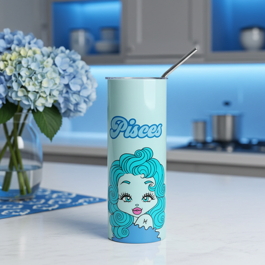 Tumbler with Pisces character design on a kitchen counter with flowers in the background