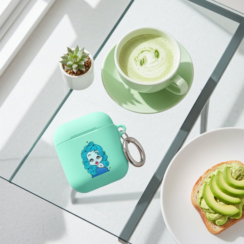 A mint green AirPods case with a Pisces character design and a silver key ring, styled on a glass table with a matcha latte, a small succulent, and avocado toast.