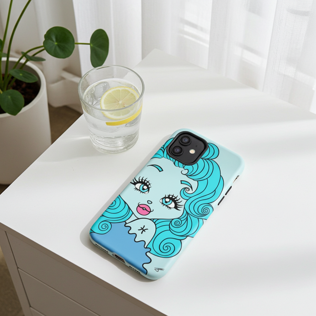 Phone case with a Pisces character design on a white surface next to a glass of water and lemon.