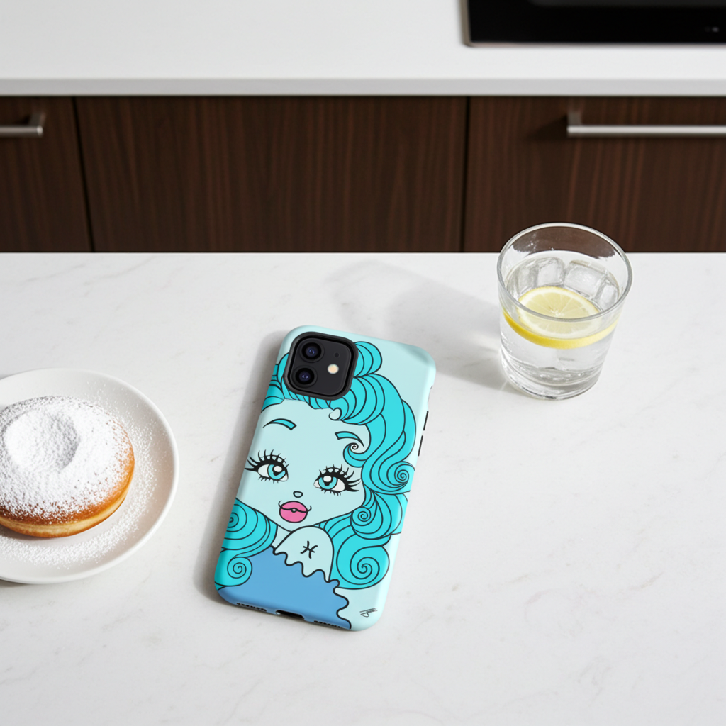 Phone case with a Pisces character design on a kitchen counter with a donut and glass of water.