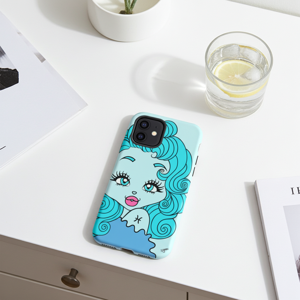 Phone case with a Pisces character design on a white surface with a glass of water and plant.