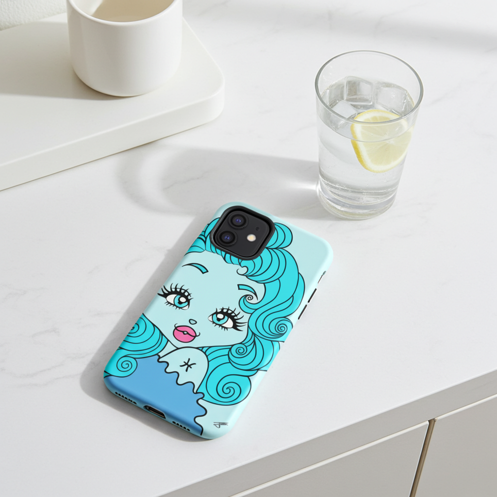 Phone case with a Pisces character design on a white surface with a glass of water and lemon.