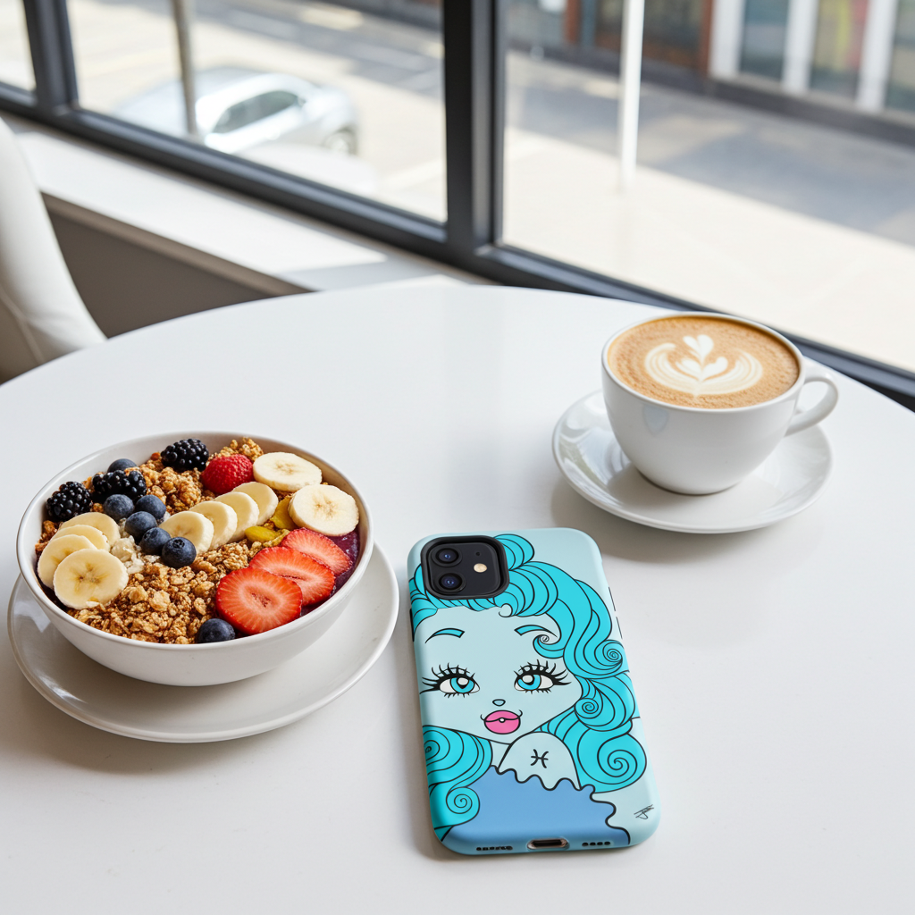 Phone case with a Pisces design on a table with a bowl of fruit and a cup of coffee.