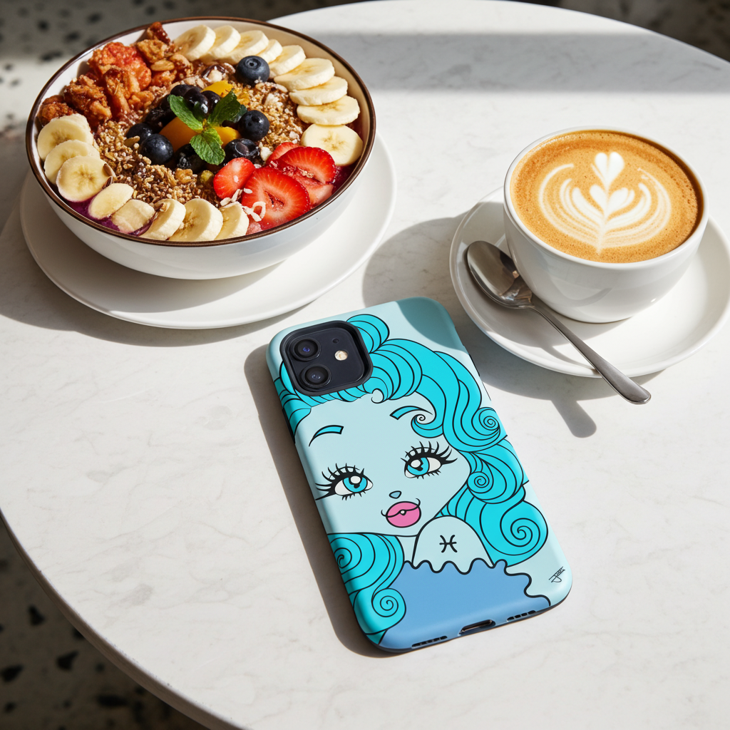 iPhone case with a Pisces character design on a table with a bowl of fruit and a cup of coffee.