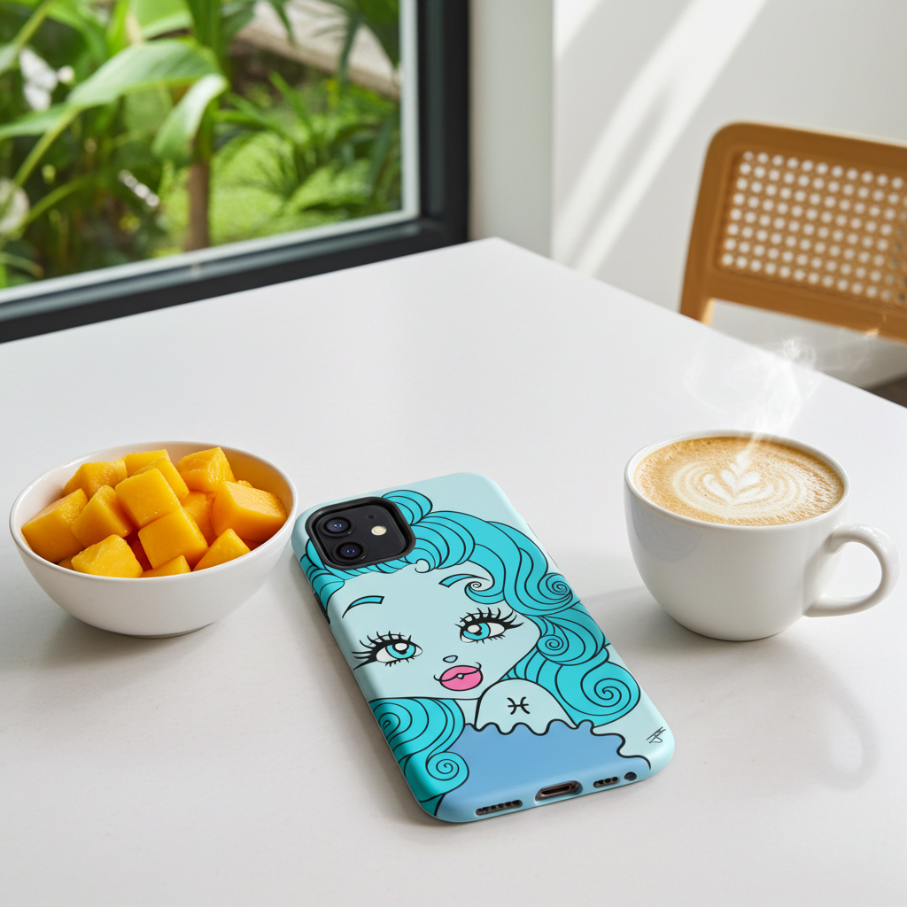 Phone case with a Pisces character design on a table with fruit and coffee