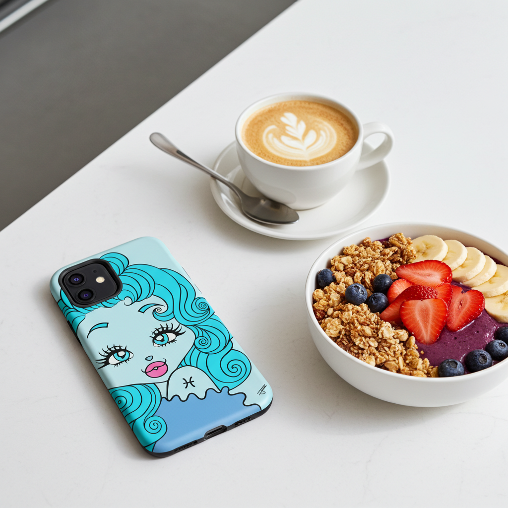 Phone case with a Pisces character design on a table with a bowl of cereal and a cup of coffee.