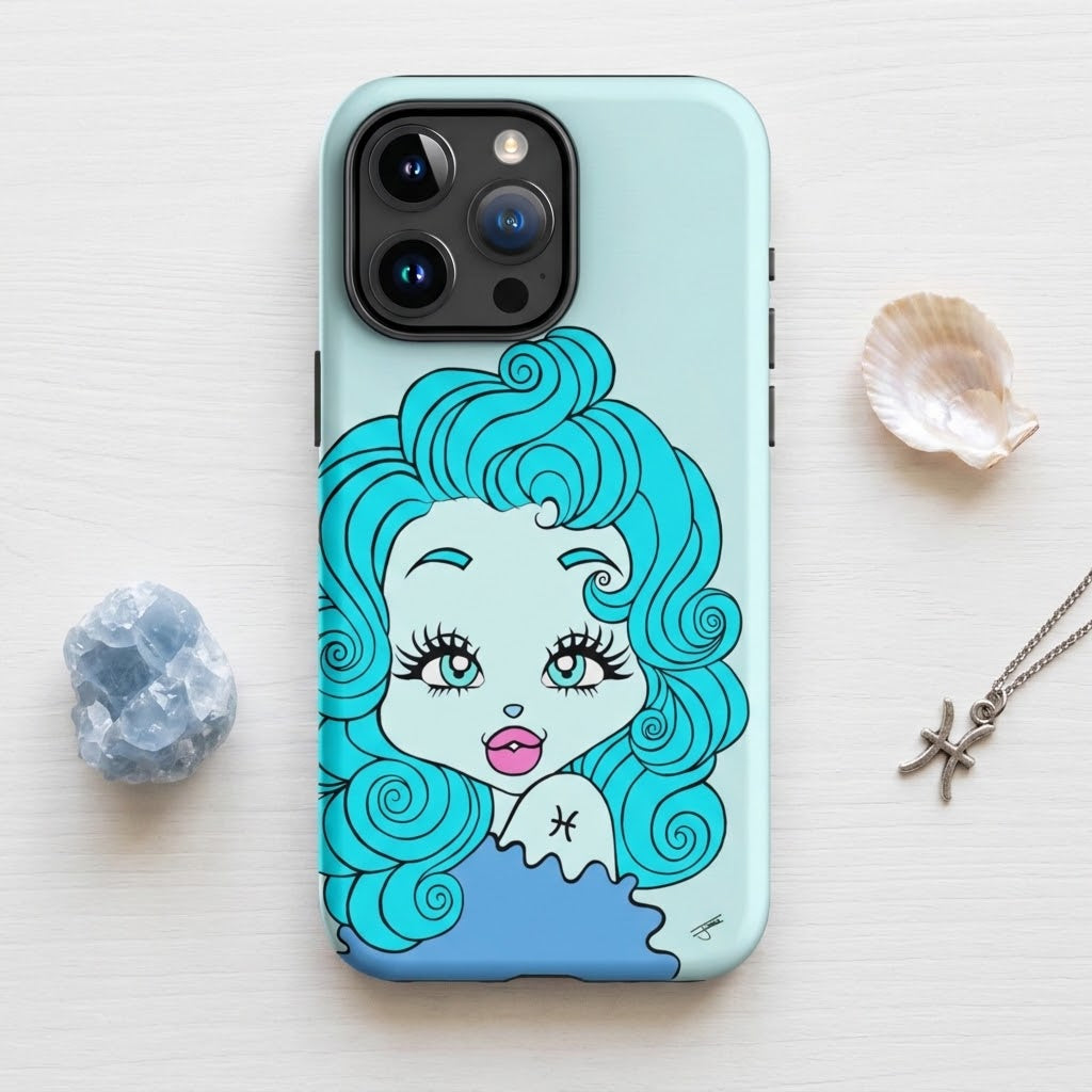 A light blue phone case featuring a cartoon illustration of a woman with bright turquoise hair, styled on a white wooden surface with a seashell, a crystal, and a starfish necklace.
