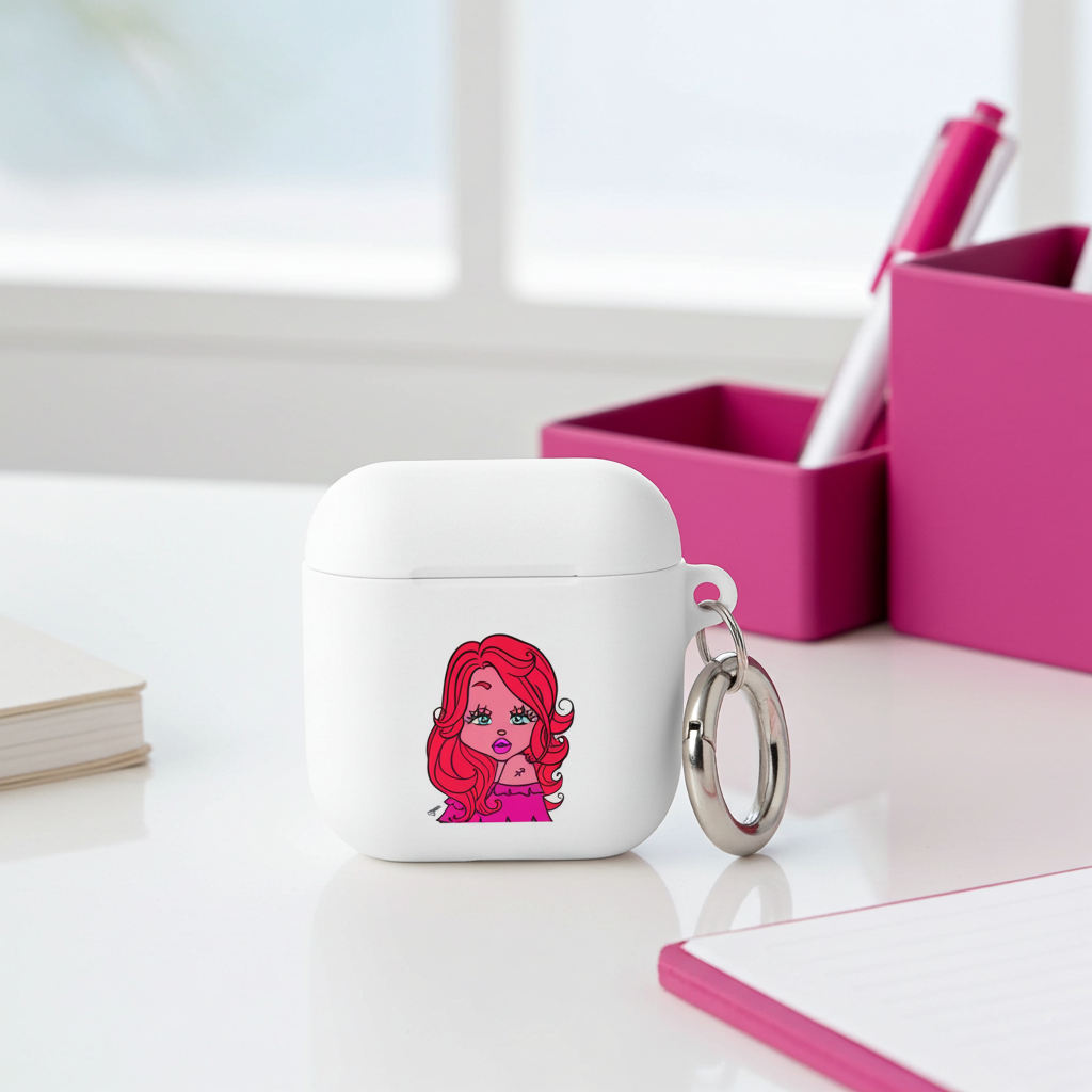 White airpod case with a Sagittarius character design on a desk with pink and purple office supplies.