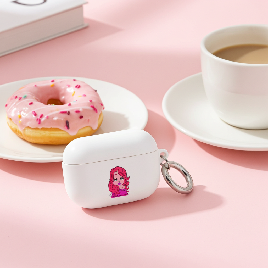 White case with a Sagittarius character design on a pink surface with a donut and coffee cup in the background.