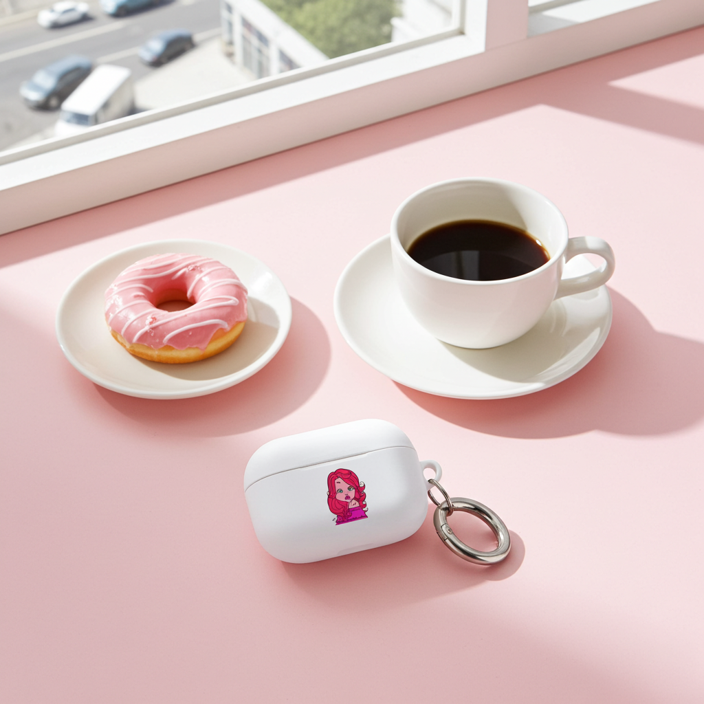 White wireless earbuds case with a Sagittarius character design on a pink table with a cup of coffee and a donut.